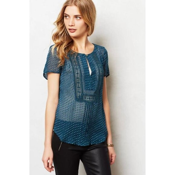 Anthropologie teal Grassland short sleeve sheer  blouse Silk blend size XS - Picture 1 of 16